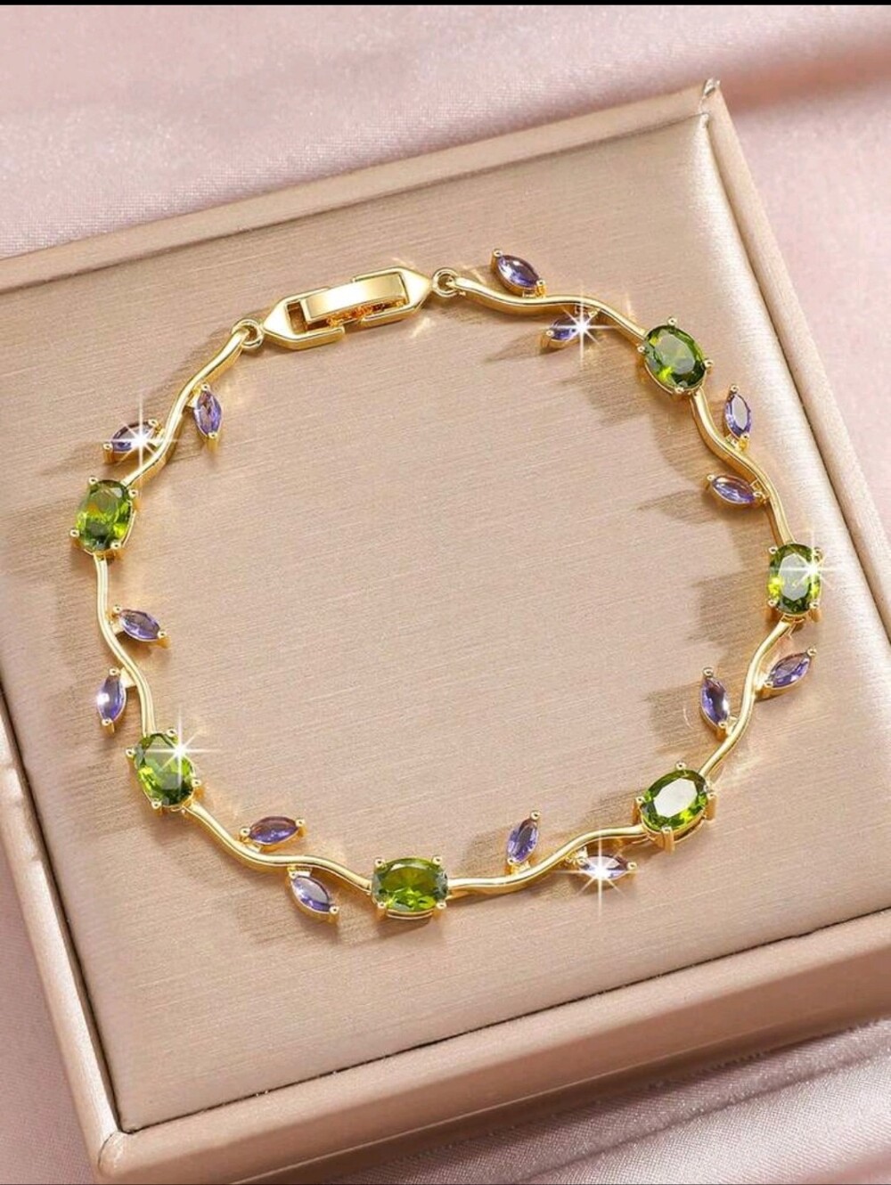 BRAND NEW ** Gold Bracelet with Green Peridot and Purple Accent Stones